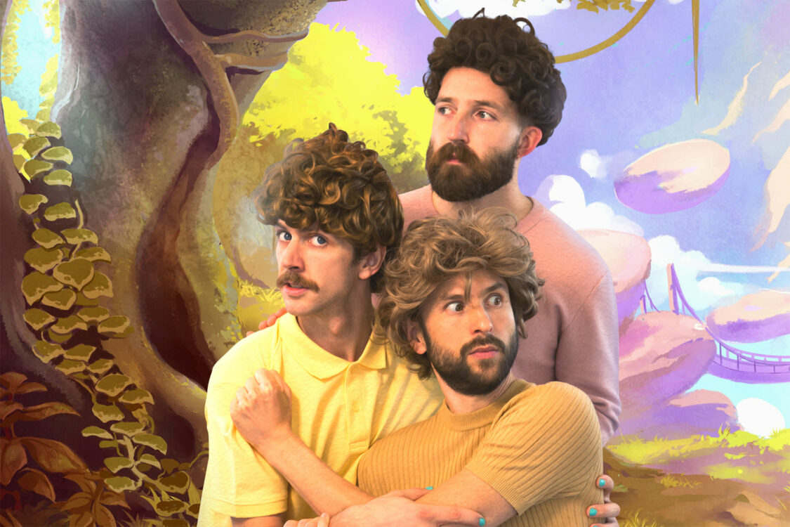 Photographie des trois danseurs avec un fond dessin 2D