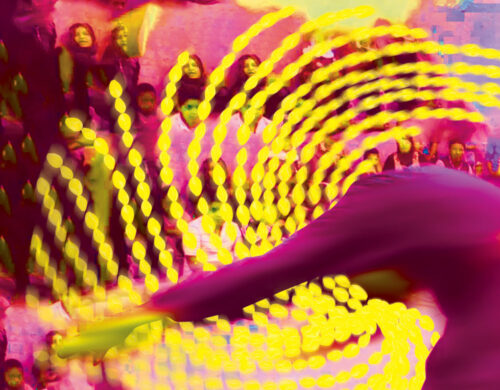 Photo jaune et violet vif très modifier. Une personne danse et un tourbillon jaune est autour.