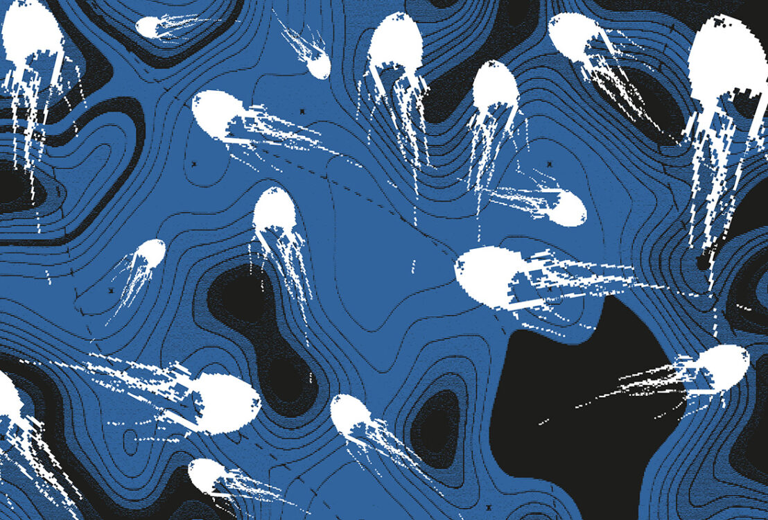 Fond bleu foncé fait de cercles et d'ondulations. Des méduses blanches sont disposées un peu partout.