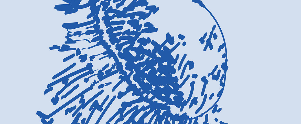 Méduse bleu foncé sur fond bleu clair.