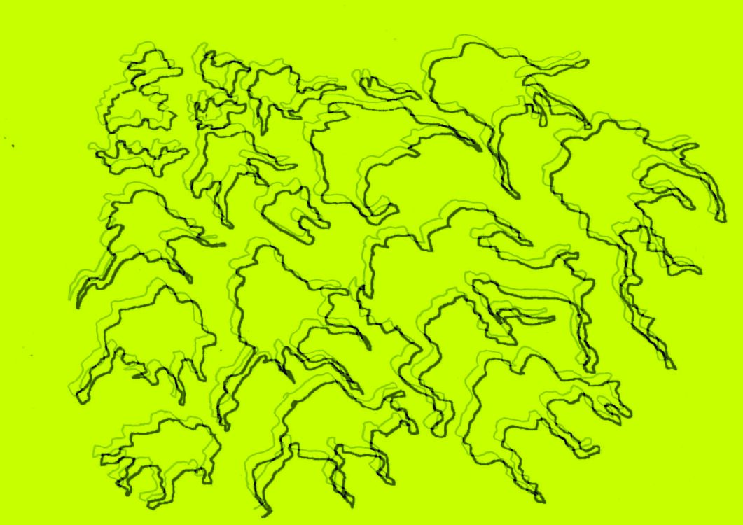 Fond vert de sous ton jaune avec diverses formes au contour noir.
