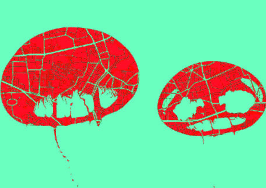 Deux méduses rouges sur fond bleu d'eau. Les méduses sont couvertes d'un cheminement comme une carte de vue aérienne.